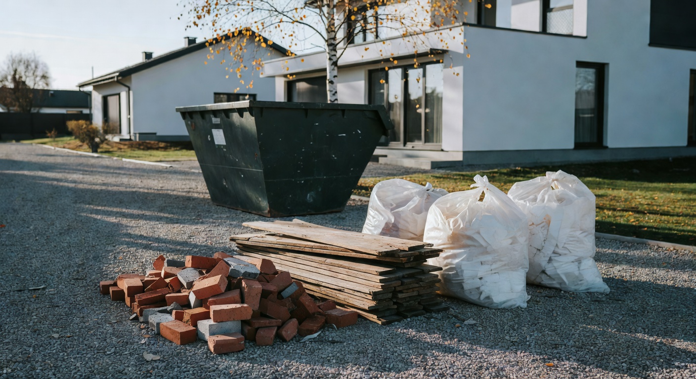 posegregowane odpady budowlane przy kontenerze